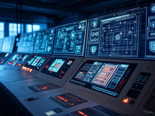 Futuristic control room with multiple screens displaying security data, maps, and graphics.
