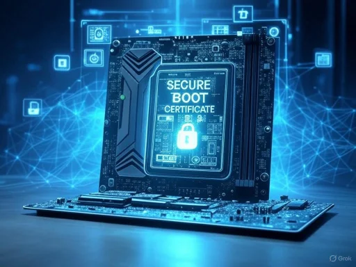 A computer motherboard displaying a 'Secure Boot Certificate' with digital security icons and a lock symbol in a digital network environment.