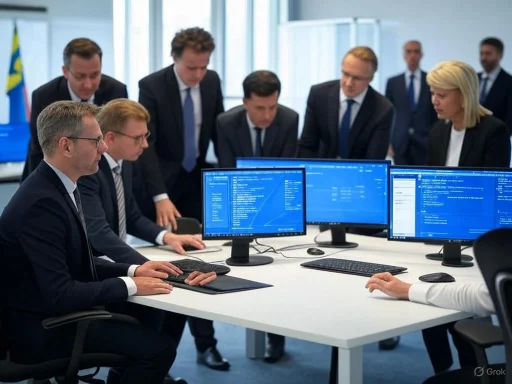 A group of professionals analyzes data on multiple computer screens in a corporate office setting. A group of professionals analyzes data on multiple computer screens in a corporate office setting.