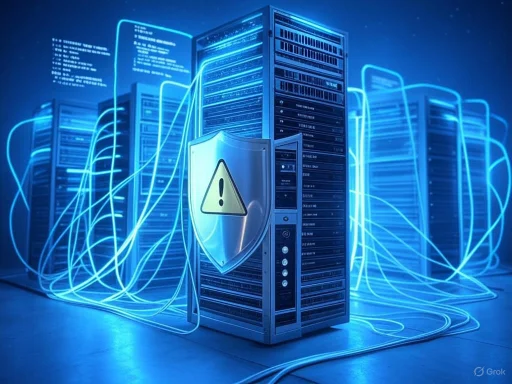 Server rack with a warning shield and digital data lines, indicating cybersecurity threat or data breach. Server rack with a warning shield and digital data lines, indicating cybersecurity threat or data breach.