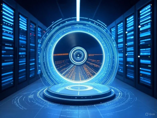 A futuristic digital data transfer or holographic interface in a server room.