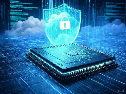 A digital illustration of cybersecurity with a microchip, cloud, and shield symbolizing data protection and encryption.