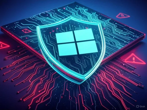 A digital illustration of a Windows logo inside a shield, overlaid on a circuit board with glowing warning symbols.