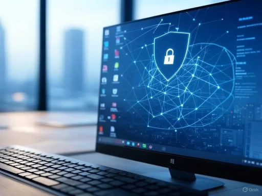 A computer screen displays a digital security shield with a padlock, indicating cybersecurity or data protection.