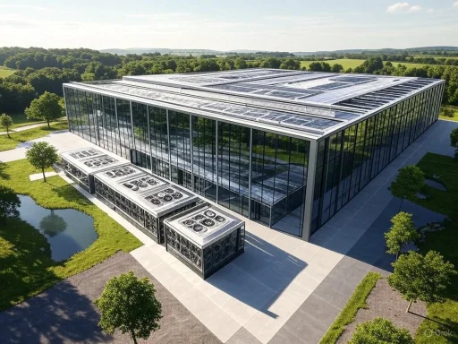 A modern glass building with rooftop HVAC units, surrounded by greenery and a pond in a rural landscape. A modern glass building with rooftop HVAC units, surrounded by greenery and a pond in a rural landscape.