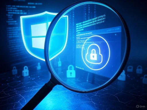 Magnifying glass highlighting a lock icon, symbolizing cybersecurity and data protection.