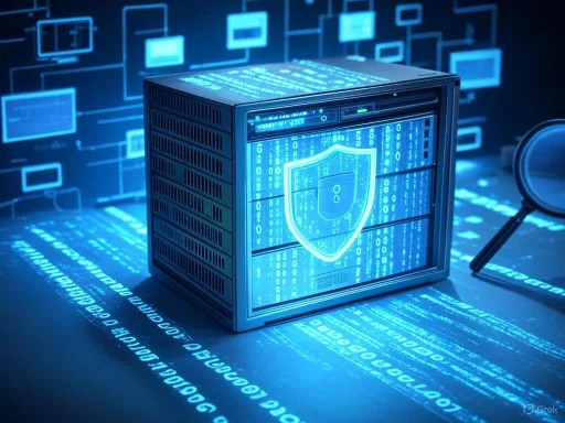 A digital security server displaying a shield icon with binary code in a high-tech environment. A digital security server displaying a shield icon with binary code in a high-tech environment.