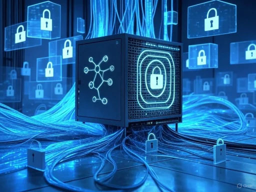 A digital illustration of cybersecurity, featuring a server surrounded by padlock icons and glowing blue data streams.