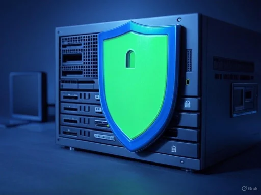 A server rack with a digital security shield icon superimposed in front, symbolizing cybersecurity protection. A server rack with a digital security shield icon superimposed in front, symbolizing cybersecurity protection.