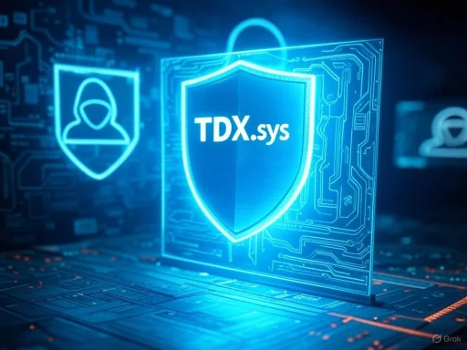 A digital illustration of cybersecurity defense with a shield labeled 'TDX.sys' surrounded by other shield icons on a high-tech circuit board.