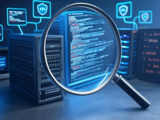 Magnifying glass highlighting computer code and servers in a cybersecurity or data analysis setting.