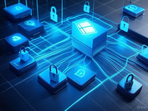 Digital security concept with linked locks and a Windows icon on a glowing network grid.