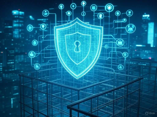 A digital illustration of online cybersecurity protection, featuring a shield with a keyhole surrounded by interconnected icons.