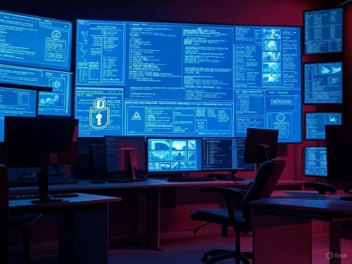 A dark room filled with multiple computer screens displaying blue code and data in a cybersecurity or hacking setup. A dark room filled with multiple computer screens displaying blue code and data in a cybersecurity or hacking setup.