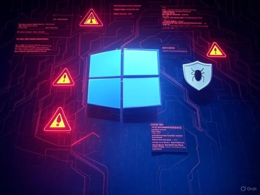 Cybersecurity warning icons surround a Windows logo, indicating potential malware or security vulnerabilities.