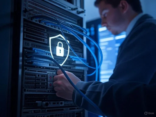 A person working on a server rack with a digital lock symbol, representing cybersecurity and data protection. A person working on a server rack with a digital lock symbol, representing cybersecurity and data protection.