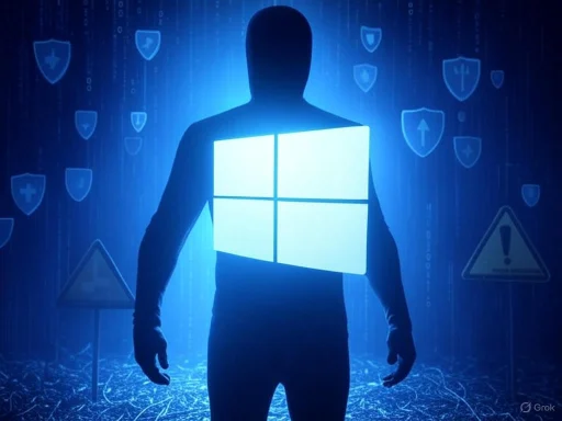 A silhouetted figure with a glowing Windows logo on their chest, surrounded by digital shield icons and warning symbols.