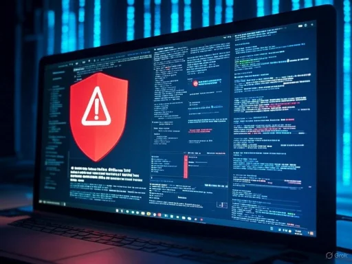 Computer screen displaying a cybersecurity warning with a red shield and exclamation mark icon. Computer screen displaying a cybersecurity warning with a red shield and exclamation mark icon.