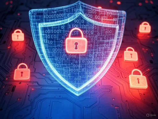 A digital shield with a lock symbol protects against cyber threats, surrounded by smaller padlocks on a circuit board background.