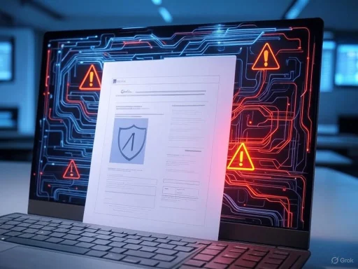 A laptop displaying a report with security warnings and alert icons on a digital circuit background. A laptop displaying a report with security warnings and alert icons on a digital circuit background.