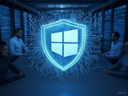 A security shield with the Windows logo in a high-tech cyber environment, surrounded by people in a server room. A security shield with the Windows logo in a high-tech cyber environment, surrounded by people in a server room.