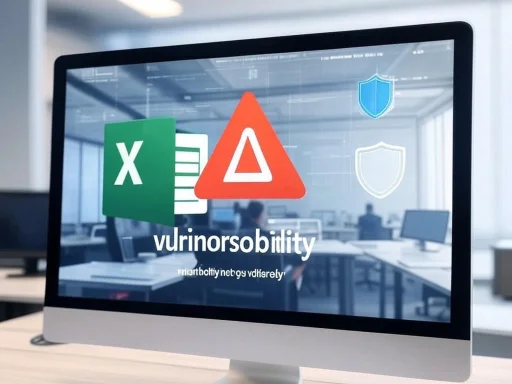Computer screen displaying a vulnerability warning related to Excel, with warning icons and shield symbols in the background.