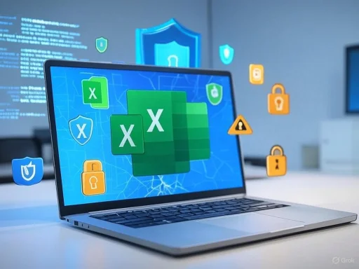 The image shows a laptop displaying Excel icons, surrounded by various security shield and lock symbols, emphasizing data protection.