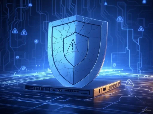 A digital shield with a warning symbol stands atop a computer, symbolizing cybersecurity and protection against threats.