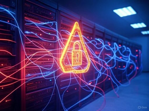 Neon padlock symbol amid glowing network lines in a data center, representing cybersecurity or data protection.