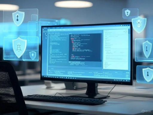 A computer screen displaying code and security icons, suggesting cybersecurity or software development activity.