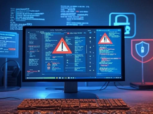 Computer screen shows a cybersecurity warning with warning icons and error messages.