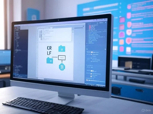 Desktop computer displaying a diagram with acronyms 'CR' and 'LF' connected by icons in a tech workspace.