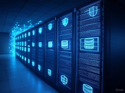 A row of server racks illuminated with blue digital security icons and shields in a data center. A row of server racks illuminated with blue digital security icons and shields in a data center.
