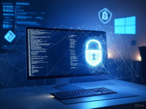 A computer screen displays code with a digital lock symbol, representing cybersecurity and data protection.