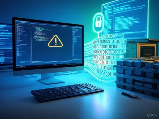 A computer displaying a warning sign, with digital security icons and code, indicating a cybersecurity alert or breach.