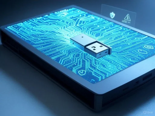 A digital tablet displaying a futuristic circuit board and a USB flash drive on top.