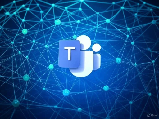 Microsoft Teams logo overlaid on a digital network background with interconnected nodes and lines.