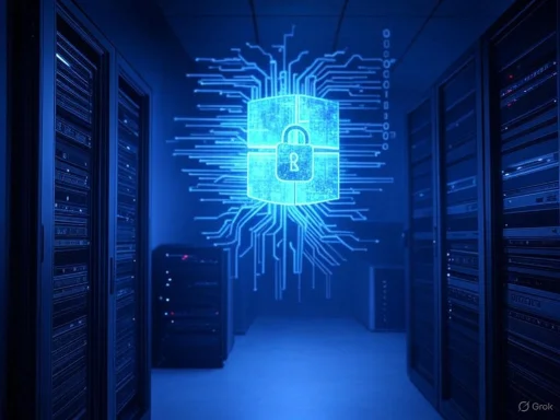 A digital lock symbol with circuit lines hovers over a server room, representing cybersecurity and data protection.