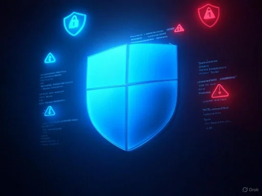 A glowing blue and red digital security shield with warning icons and code snippets surrounding it.