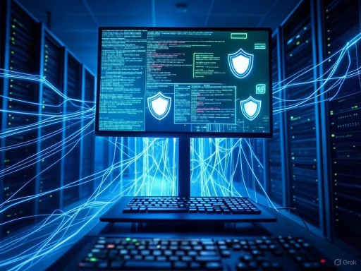 A computer screen displaying cybersecurity data and shield icons, surrounded by data servers and glowing network lines.