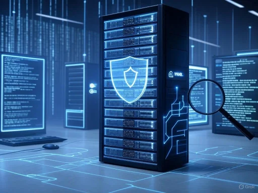 A futuristic digital server room with holographic security shield and data security icons displayed on servers.