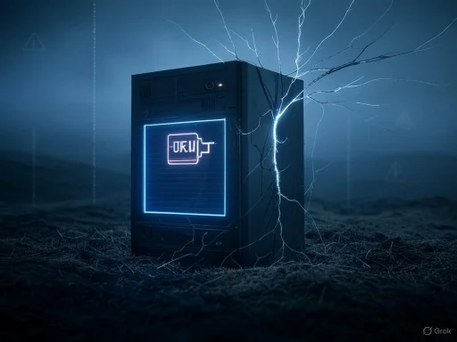 A server surrounded by lightning and dark energy, with a glowing digital patch reading 'UK U'. A server surrounded by lightning and dark energy, with a glowing digital patch reading 'UK U'.