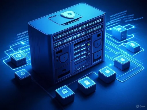 A digital illustration of a data server with security icons and glowing circuits representing cybersecurity and data protection.