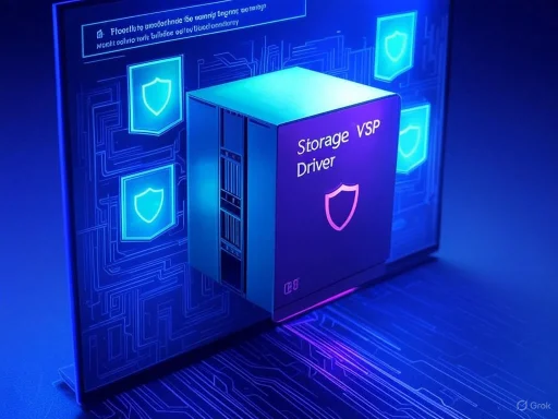 A digital illustration of a data storage unit labeled 'Storage VSP Driver' with shield icons, emphasizing security.