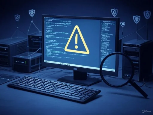 A computer monitor displays a warning symbol with lines of code and security icons, indicating a cybersecurity alert. A computer monitor displays a warning symbol with lines of code and security icons, indicating a cybersecurity alert.