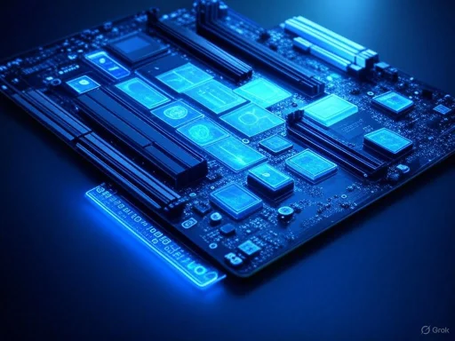A close-up of a computer motherboard illuminated with blue LED lights.