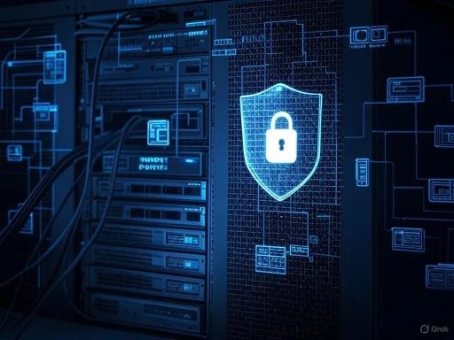 A digital lock icon on a shield displayed on a server room's interface, representing cybersecurity protection.