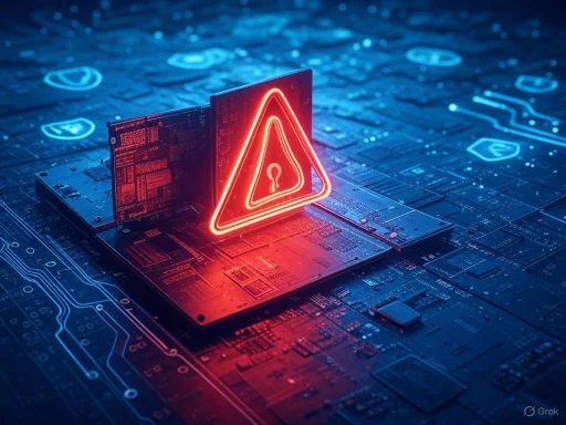A circuit board with a glowing warning light and a warning icon, indicating a cybersecurity or hardware alert.