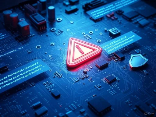 The image shows a close-up of a circuit board with a glowing warning triangle and shield icon, indicating system security or alerts. The image shows a close-up of a circuit board with a glowing warning triangle and shield icon, indicating system security or alerts.