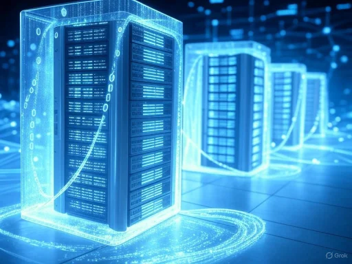 Holographic digital servers connected by data streams in a futuristic, high-tech network environment.